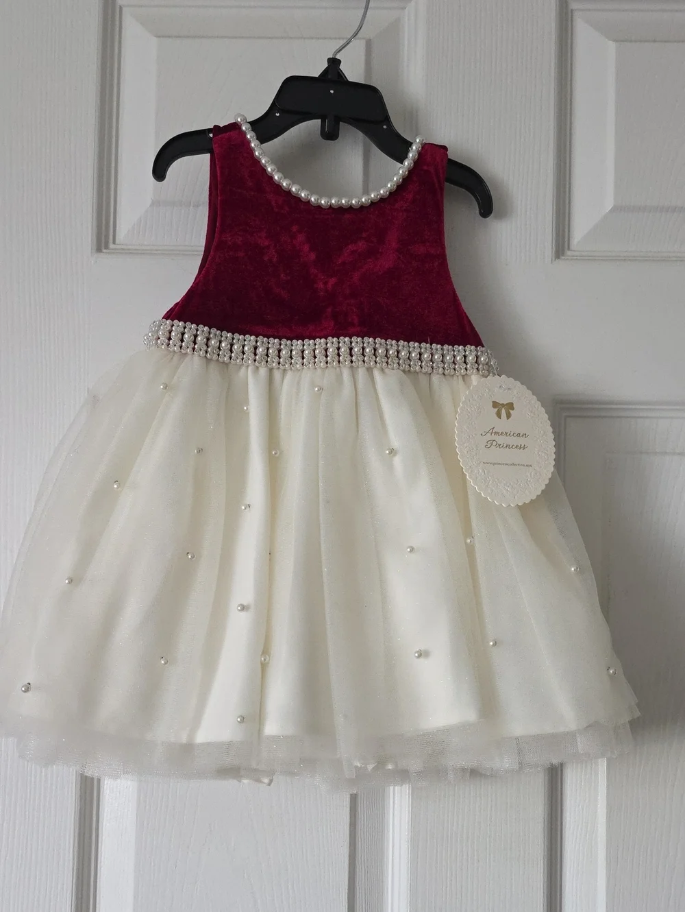 American Princess Burgundy Velvet and Ivory Pearl Trim Dress